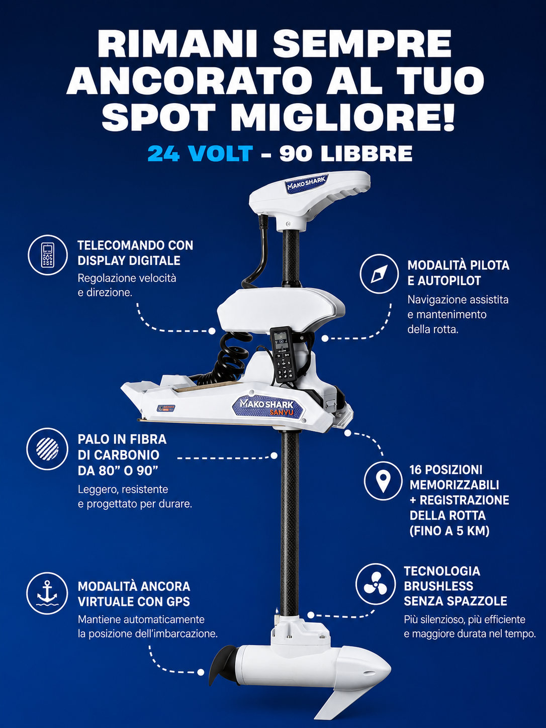 Motore di Prua Mako Shark GPS Brushless 90/120 LB 24V/36v Palo in carbonio da 80” 204cm